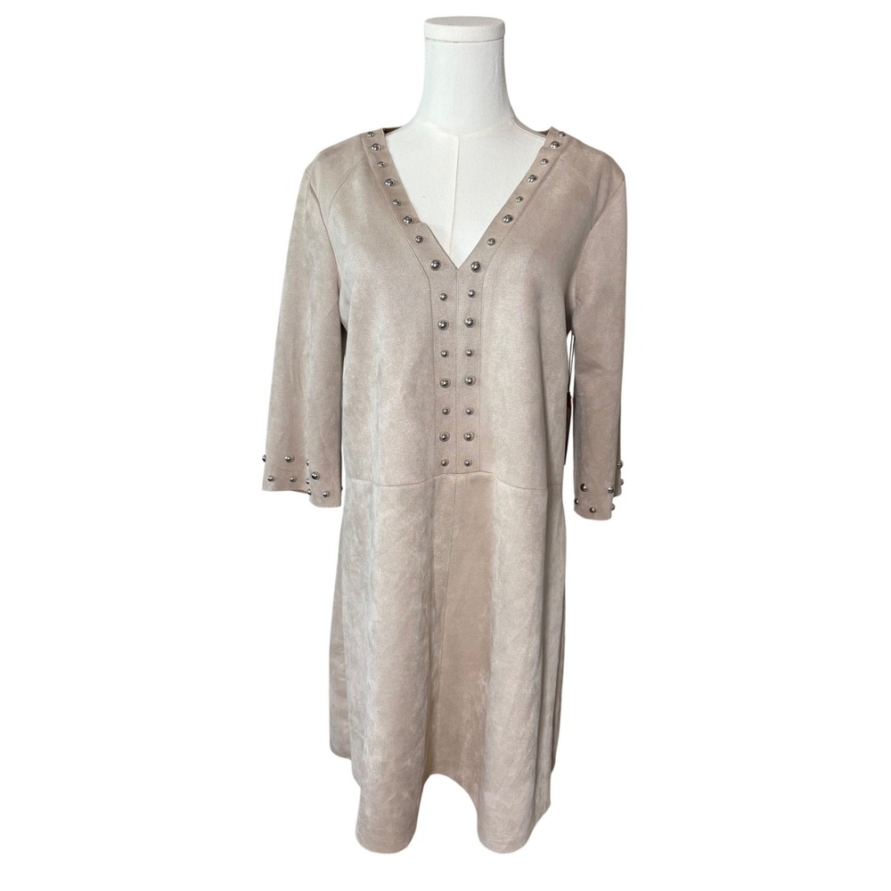 Vince Camuto Womens Latte Faux Suede Studded V-Neck Shift Dress 91522961 Small